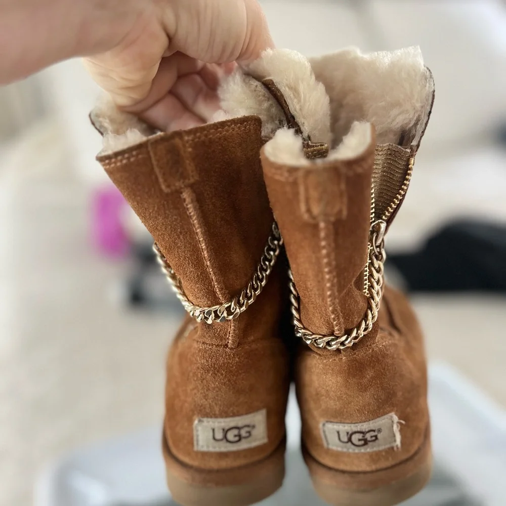 UGG Chestnut Brown Suede Short Boots with Chain Trim